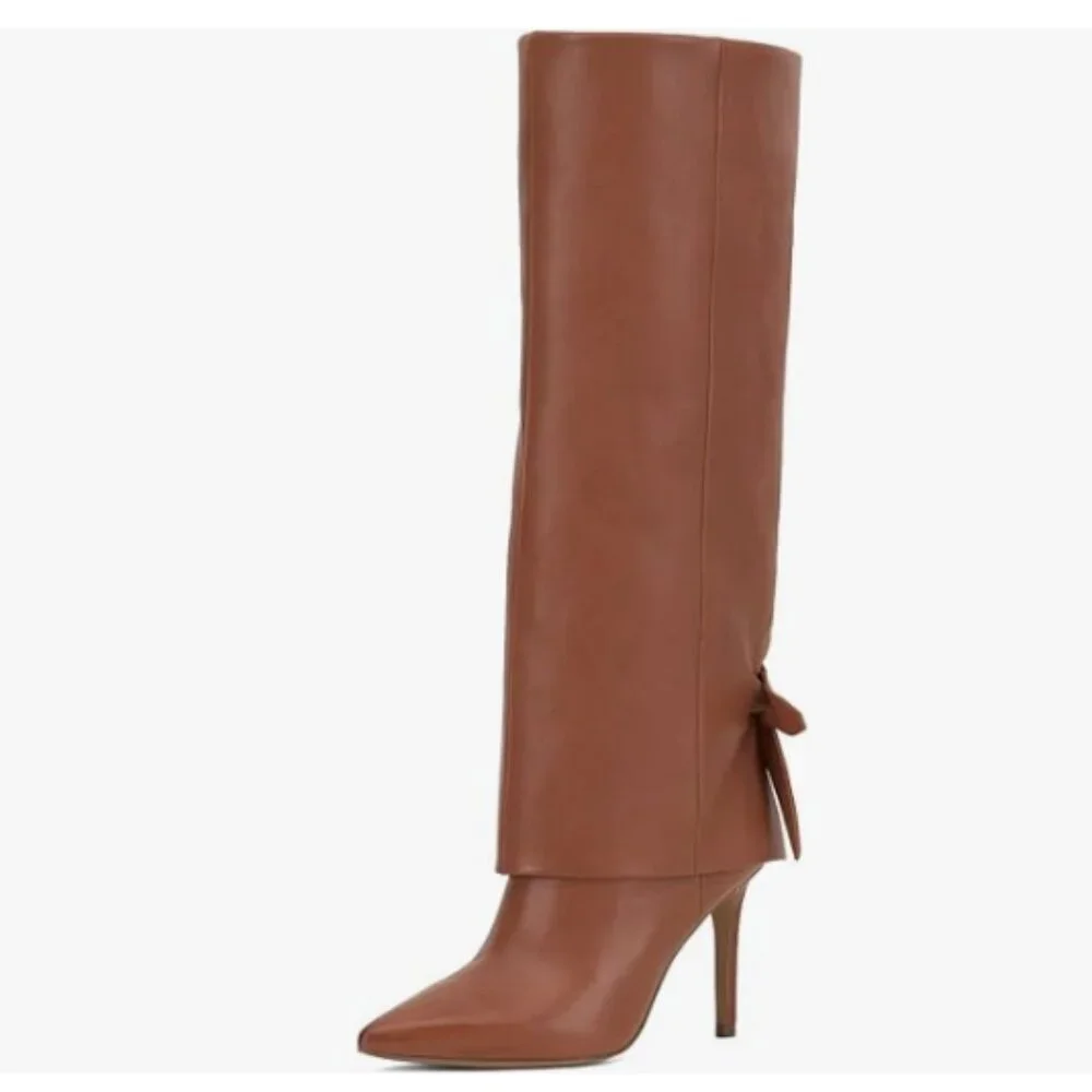 Pazzion Brown Retro Pointy Toe High Heel Partial Zipper Fold Over Knee High Boot